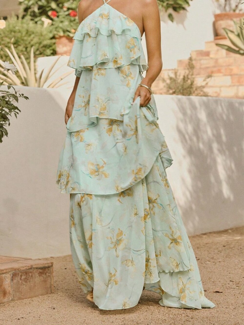 Green Boho Women's Halter Neck Ruffle Floral Chiffon Backless Dress - Picture 3 of 8